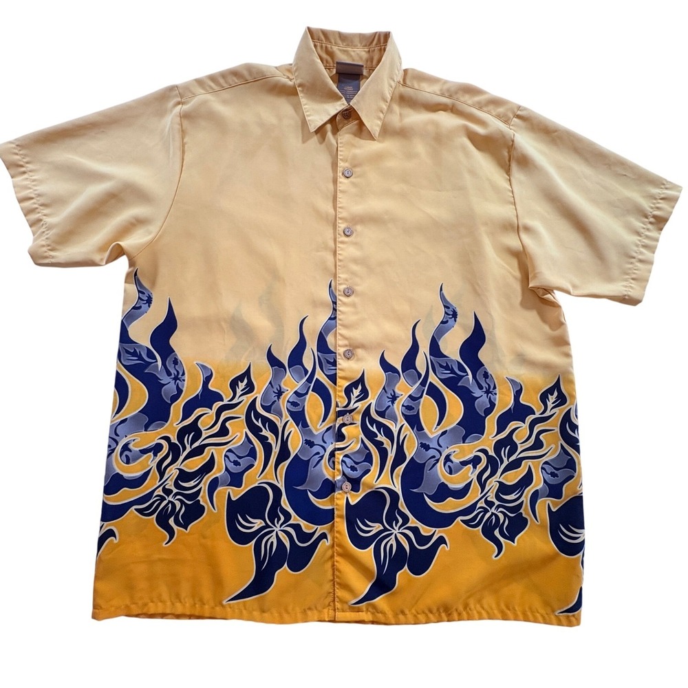 Extreme Gear Flame Floral Shirt Mens Large Yellow Orange Blue Button Down Y2K